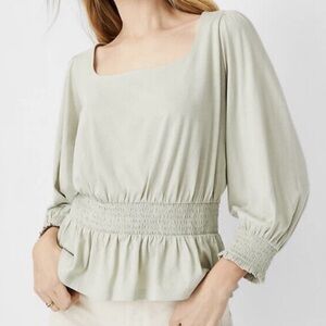 Ann Taylor Smocked‎ waist puff sleeves square neck light sage top blouse Sz M